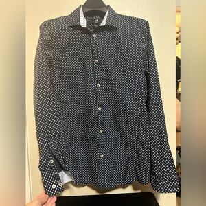 H&M slim fit easy iron navy w polka dot collared button down-size L